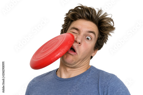 Funny Man Getting Hit in the Face with Red Frisbee Disk
