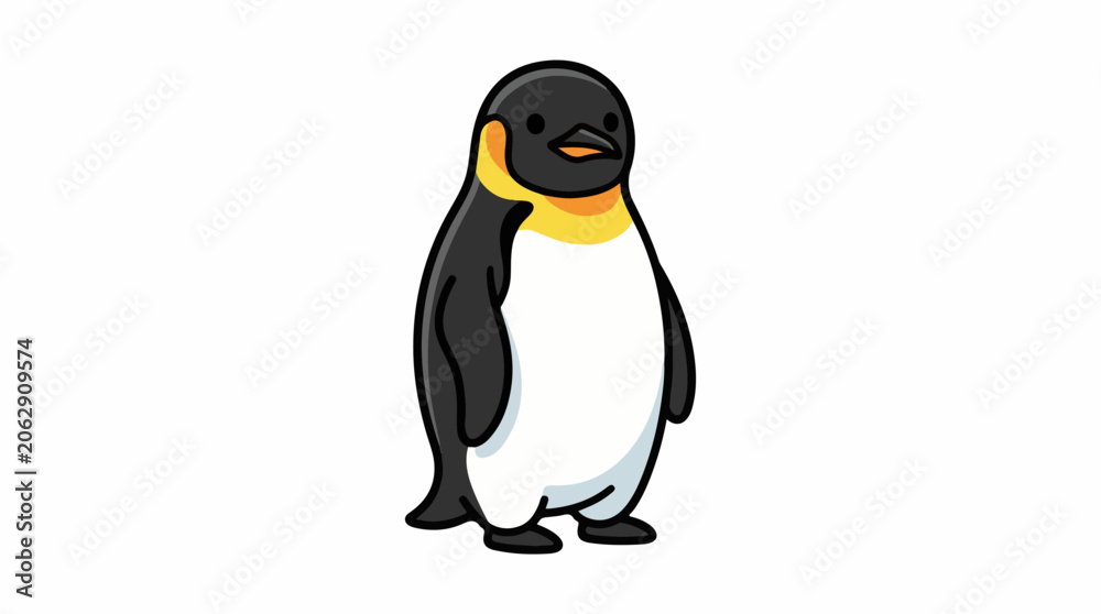 Fototapeta premium A cartoon penguin with a yellow patch on its neck and orange beak stands upright