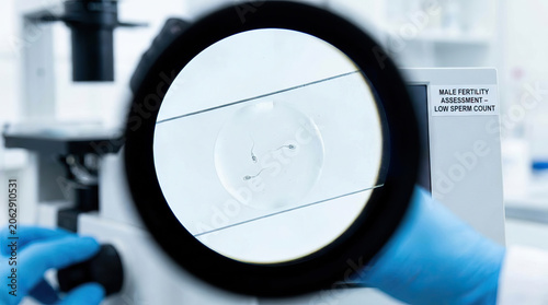 Sperm quality analysis under microscope for male fertility assessment showing low sperm count in laboratory setting with gloved hands and scientific equipment
