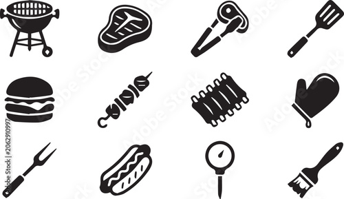 Foto BBQ and Grill Icon Set: Meat, Tools, Burger and Hot Dog Menu