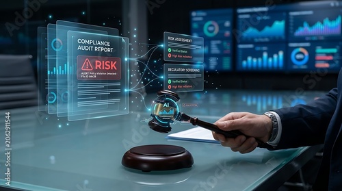 Wooden gavel and digital interface showing AI risk assessment and compliance audit report for legal governance