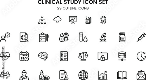 Clinical study icon set with research and healthcare symbols in a clean outline style