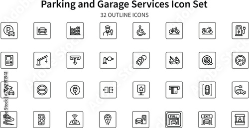 Parking and garage services icons in outline style with clear concept representation