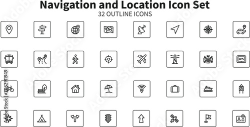 Clean outline navigation and location icons for digital interfaces and mapping applications