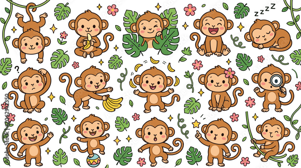 Obraz premium Cute Monkey Seamless Pattern Featuring Playful Cartoon Monkeys Bananas Tropical Leaves Jungle Wildlife and Adorable Characters