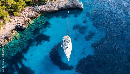 aerial drone view of a white yacht floating in clear turquoise mediterranean sea above rocky seabed summer vacation scene near mallorca balearic islands spain top down view of boat and azure water