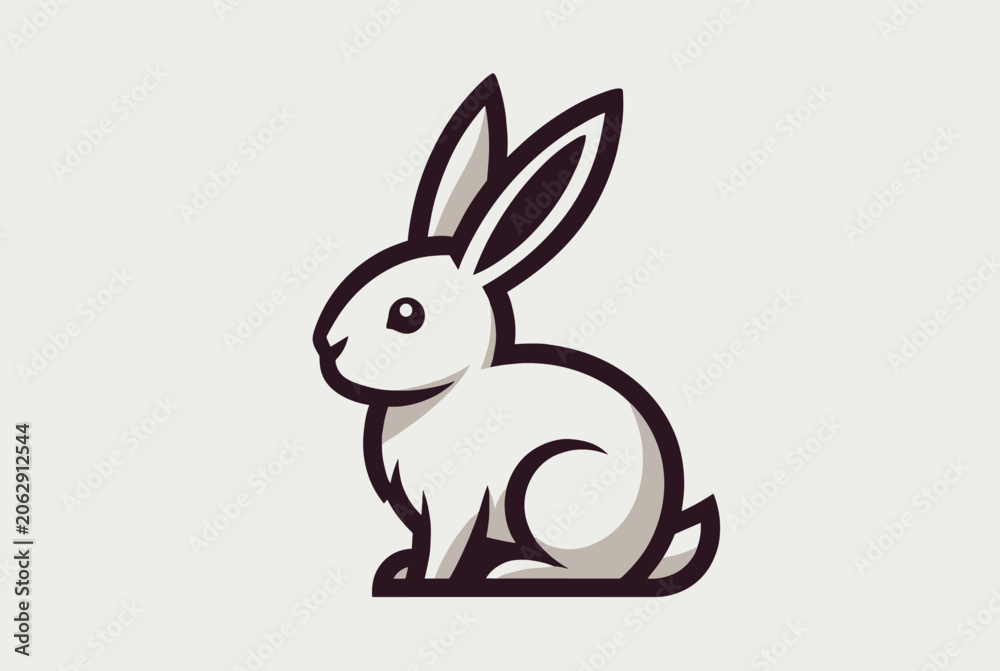 Fototapeta premium Cute fluffy white rabbit with long ears sitting peacefully is shown on a light grey background in clean minimalist vector outline style.