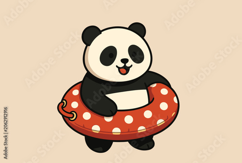 Cute cartoon giant panda happily wearing a red and white polka dot swim ring, ready for a fun summer pool party.