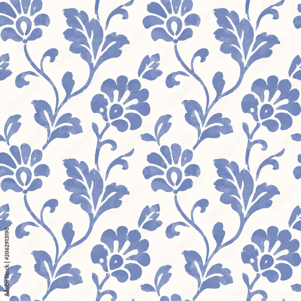 Fototapeta premium Blue Folk Floral Seamless Decorative Pattern