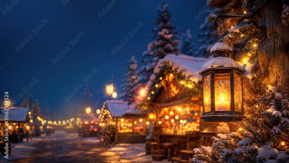 Fototapeta premium Cozy Christmas Market Scene with Glowing Lanterns and Snow at Night