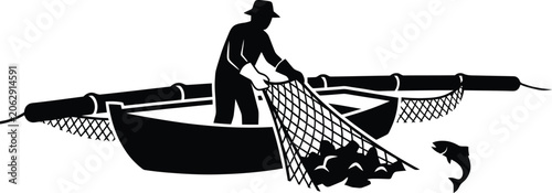Fotografie Fisherman pulling net with fresh catch in boat