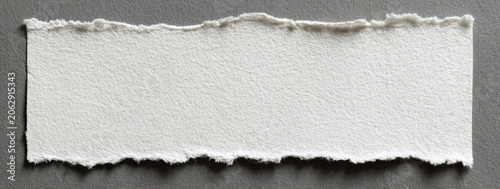 A white torn paper strip with uneven, rough edges on a gray background
