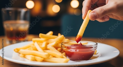 Close-up of a hand dipping a crispy golden french fry into a small glass bowl of red ketchup, with a plate full of fries and a drink in the background, creating a delicious and inviting scene.