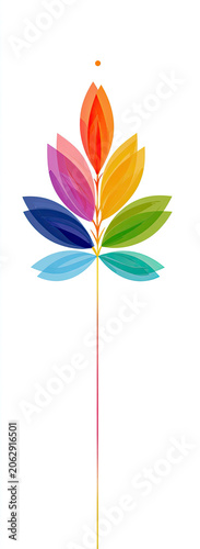 A stylized rainbow-colored flower with translucent petals on a white background