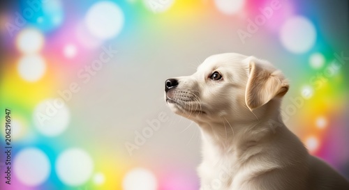 Curious Golden Puppy Against Colorful Bokeh Lights.
