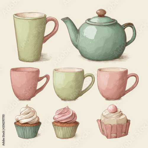 Pastel green and pink mugs with teapot and cupcakes in soft colors, cozy and inviting tea time set