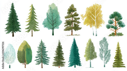 Set of illustrations with various green and yellow trees in different shapes and styles, creating natural and peaceful atmosphere