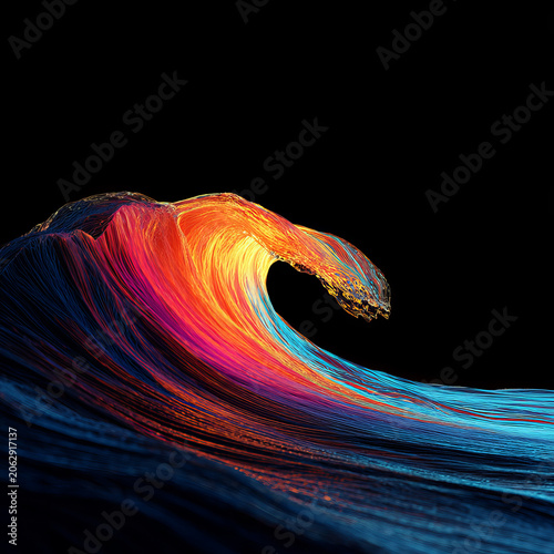 Vibrant neon wave with glowing orange, pink, and blue colors curls dynamically against black background, evoking energy and motion