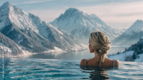 Woman relaxing in infinity pool with winter mountain landscape and calm water creating peaceful and serene atmosphere