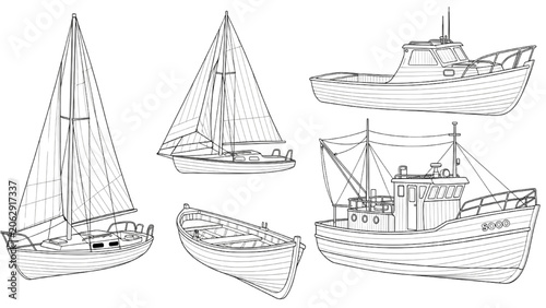 Photos 2D AutoCAD Vector illustration of various boats and yachts on water
