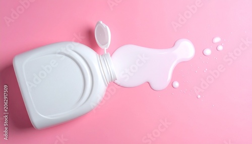 White Lotion Bottle Spilled on Pink Background - Beauty and Care.