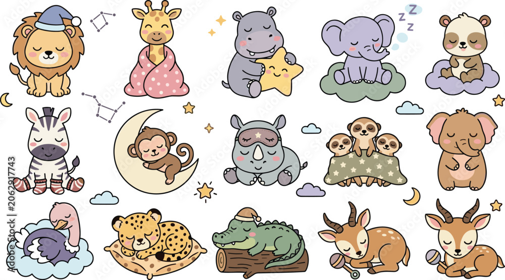 Fototapeta premium Cute Sleeping Baby Animals Collection Featuring Lion Giraffe Elephant Hippo Monkey Deer Sloth and Adorable Dreamy Characters