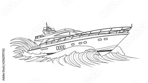 Bild auf Leinwand A 2D AutoCAD Vector illustration of a large yacht sailing through rough seas