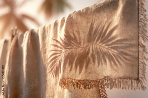 Close up of beige linen towel with tropical palm shadow and visible woven texture. Natural summer textile background with warm sunlight and organic aesthetic.