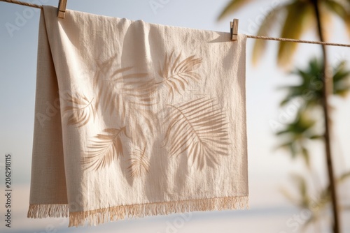Natural beige beach towel hanging outdoors with tropical palm shadows and coastal atmosphere. Summer vacation concept with soft sunlight and organic textures.