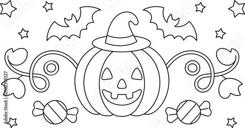 Children's halloween coloring page featuring a jack-o'-lantern, bats, stars, and candy treats and kid friendly, kids activities