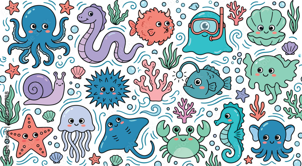 Naklejka premium Cute Underwater Sea Creatures Seamless Pattern Featuring Octopus Seahorse Crab Jellyfish Stingray and Adorable Marine Animals