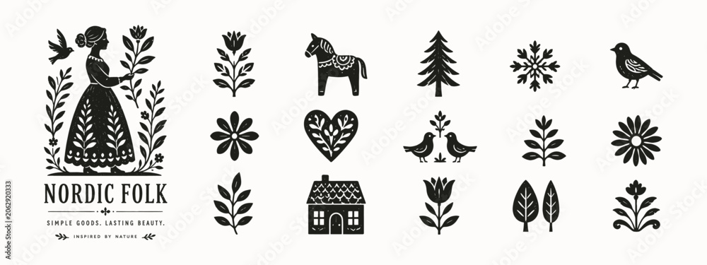 Fototapeta premium Black and white Nordic folk art icon set with flowers birds and dala horse
