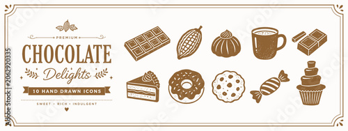 Collection of hand drawn chocolate dessert icons including cake donut and cocoa pod