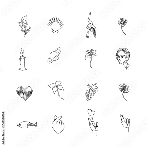 Minimalist One Line Art Icons Set, Abstract Botanical and Aesthetic Collection flowers, leaves, hands, hearts, faces, planets and abstract symbols. Elegant decorative illustrations for branding and de