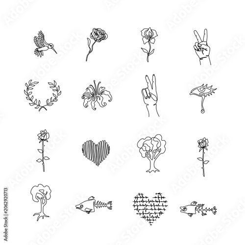 Minimalist One Line Art Icons Collection, Abstract Nature and Symbol Set flowers, trees, hearts, birds, hands and abstract symbols decorative icon set for branding, prints and design projects.