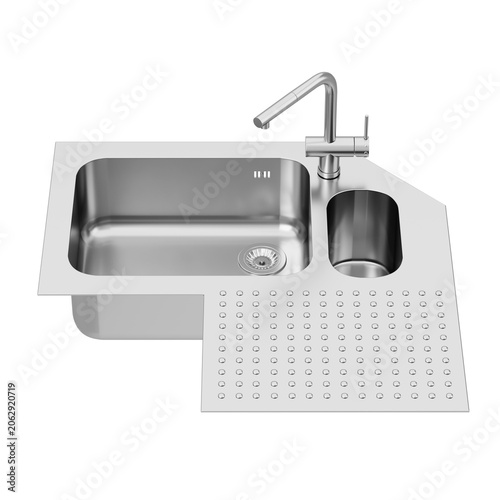 Modern stainless steel kitchen sink with a double bowl and integrated drainer, featuring a chrome faucet. High-quality 3D render isolated on white, ideal for contemporary kitchen design and interior a