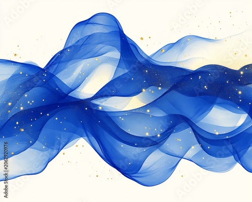 Abstract Stream Texture with Royal Blue Ribbons and Golden Speckles on a Light Background