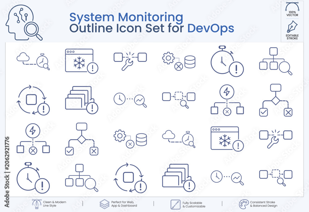 Naklejka premium System Monitoring and Infrastructure Management Outline Icon Set for DevOps, Network Diagnostics and Workflow Automation