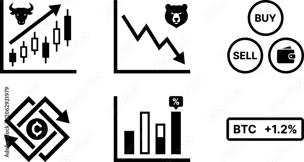 Obraz premium Set of black and white stock market icons featuring bull bear trends and financial trading symbols