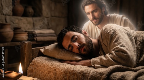 Angel appearing to Joseph in a dream. Biblical scene depicting man sleeping while divine messenger visits him. Sacred narrative from scripture illustration of faith, religion and spirit.
