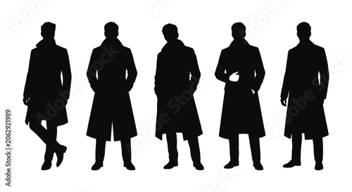 Set of silhouettes of men in long coats isolated on white background