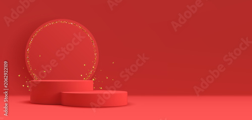 Red 3D podium vector background with gold glitter confetti. Luxury geometric stage pedestal for product presentation, award ceremony or festive design template with copy space.