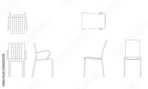 Modern chair cad blueprint architectural drawing of interior seating furniture layouts for technical project.
