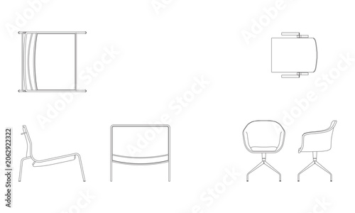 Minimalist modern chairs and lounge furniture vector technical drawings in orthographic views for home design.