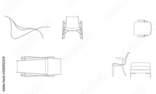 Professional lounge chairs and furniture vector set in orthographic projection for interior design blueprints.