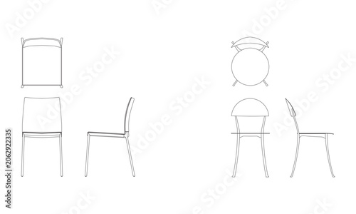 Sleek dining chairs and seating furniture line art technical drawings for modern interior architectural plans.