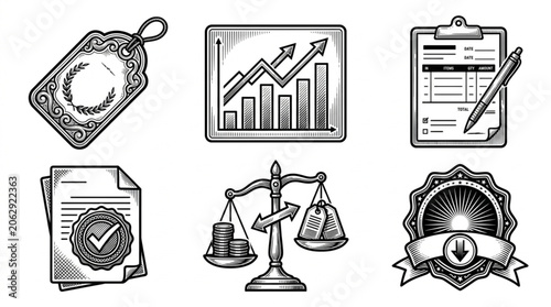 Set of business and finance icons in vintage sketch style.