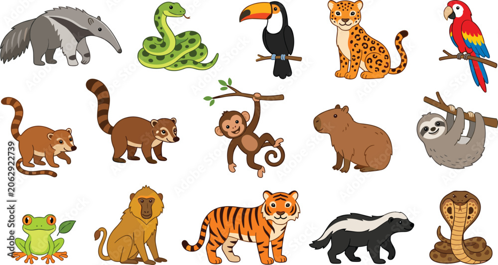 Fototapeta premium Exotic Wildlife Cartoon Collection Featuring Anteater Snake Toucan Leopard Macaw Coati Monkey Capybara Sloth Frog Lion Tiger and Cobra Vector Illustration