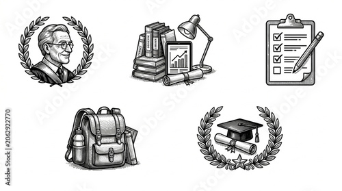 Set of five hand-drawn illustrations representing education and achievement.