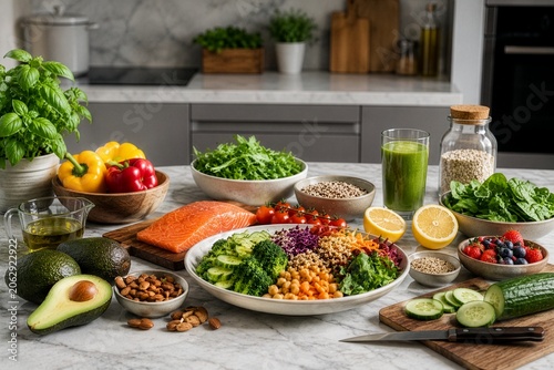 Modern kitchen countertop featuring healthy meal ingredients, clean lifestyle concept, realistic food photography